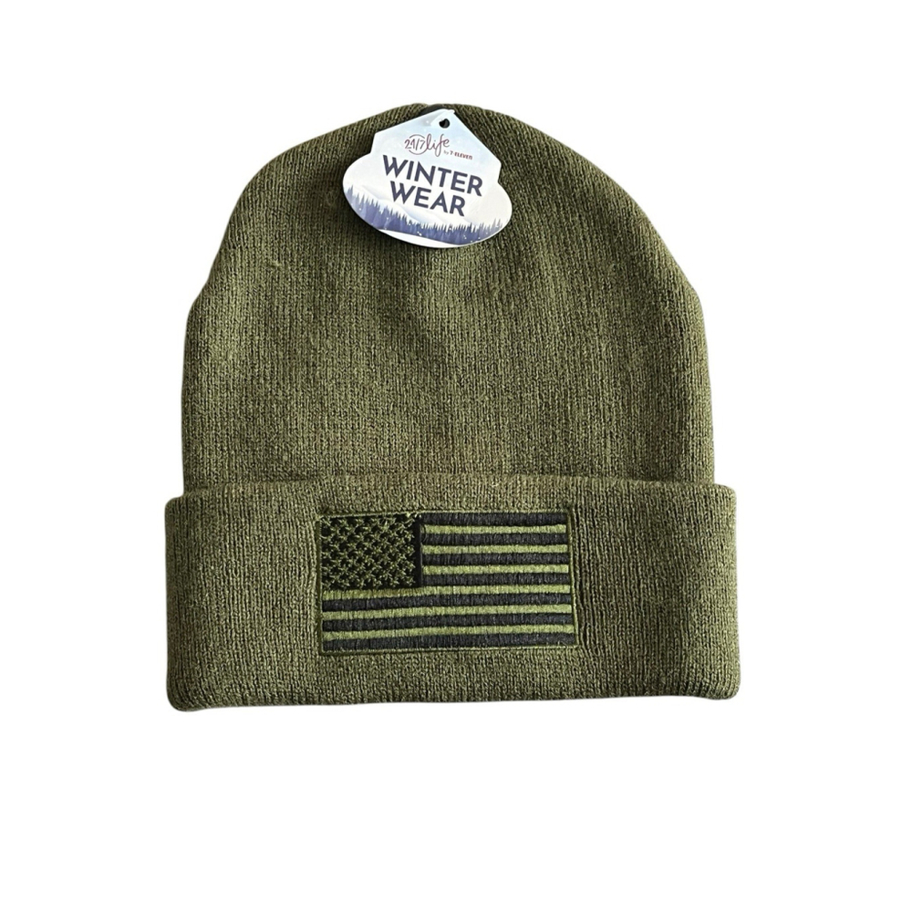24/7 Life Olive Green Beanie Hat USA Flag Embroidery